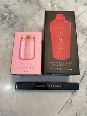 Truvani set: Stainless Steel Shaker Cup/Glass Jar/ Frother All NEW!